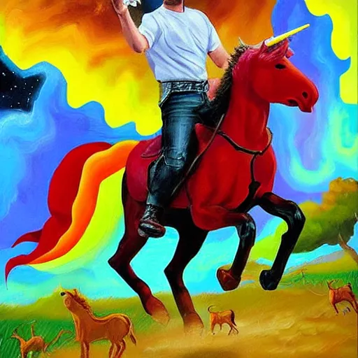 Image similar to wil wheaton wesley crusher riding a unicorn into battle impressionist oil painting fantasy 1 5