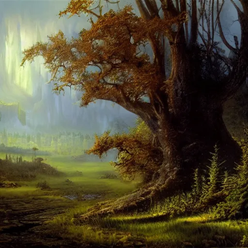 Image similar to fortress in the misty woods, crisp, clear, matte oil painting, darrell k sweet, wallpaper