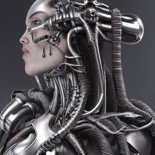 Image similar to A ultra detailed illustration of a female cyborg, by HR Giger, trending on ArtStation, octane render, volumetric lighting