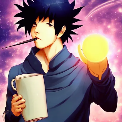 Image similar to A man drinking a cup of cosmic energy bright light, illustration, anime style, Artgerm, 4k, digital art, surreal, anime style, space dandy style, highly detailed, godsend, artstation, digital painting, concept art, smooth, sharp focus, illustration by Ruan Jia and Mandy Jurgens and William-Adolphe Bouguereau, Artgerm