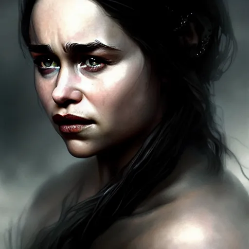 Image similar to emilia clarke dark film nior, character headshot portrait, sharp, digital matte painting, art by luis royo, greg rutkowski, wlop, dramatic lighting, trending on artstation