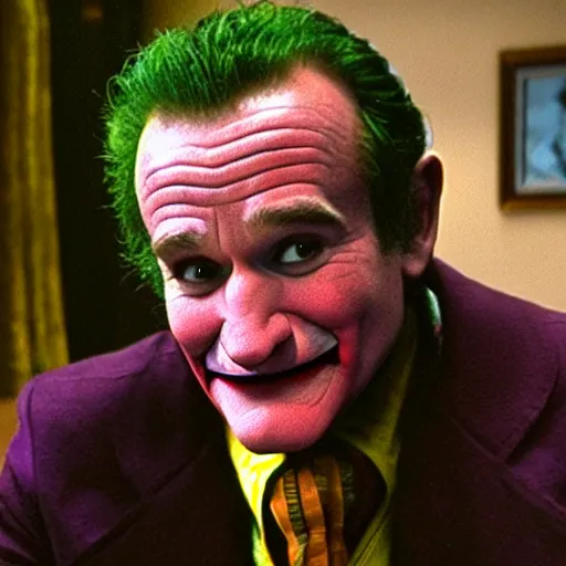 Prompt: awe inspiring Robin Williams playing The Joker 8k hdr movie still dynamic lighting