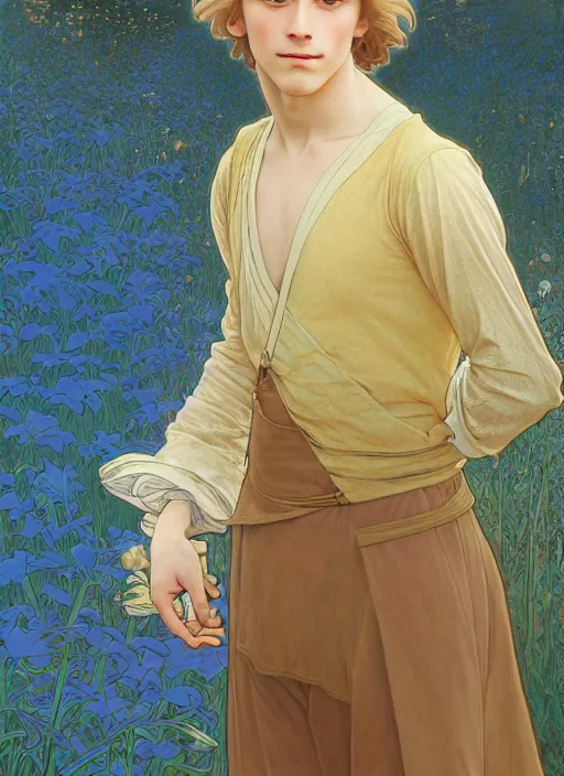 Image similar to pretty young man with shoulder length shiny shimmering golden blond hair, half body shot, emotional, decorative flower patterned background, path traced, highly detailed, high quality, digital painting, by studio ghibli and alphonse mucha, leesha hannigan, hidari, disney, jules bastien - lepage, art nouveau