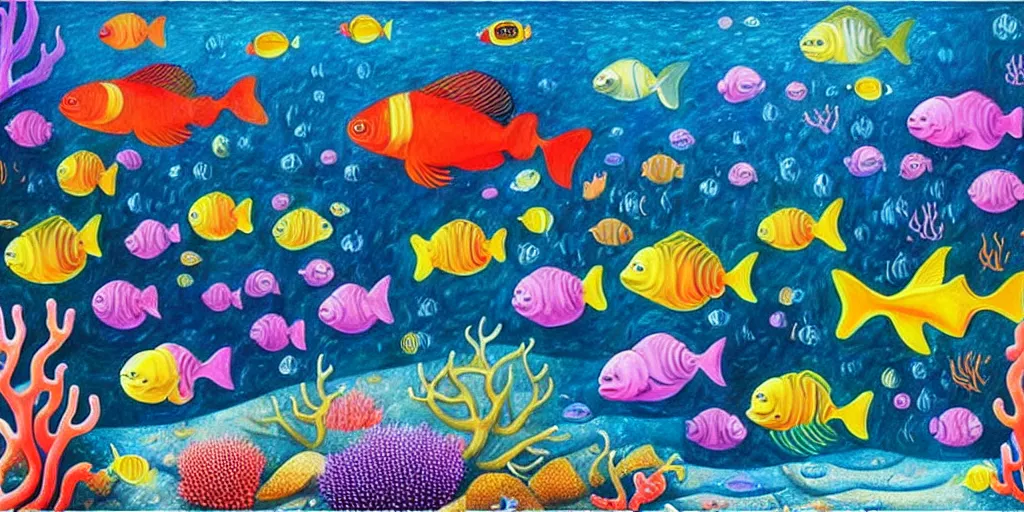 Image similar to a beautiful painting of an elaborate underwater scene painted by bosch and lisa frank