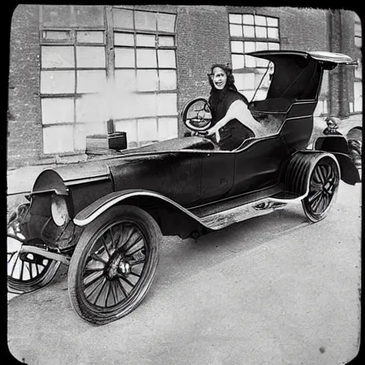 Image similar to an oldie car with wings and turbine, steam punk, black-white retro photo 1910, woman in front