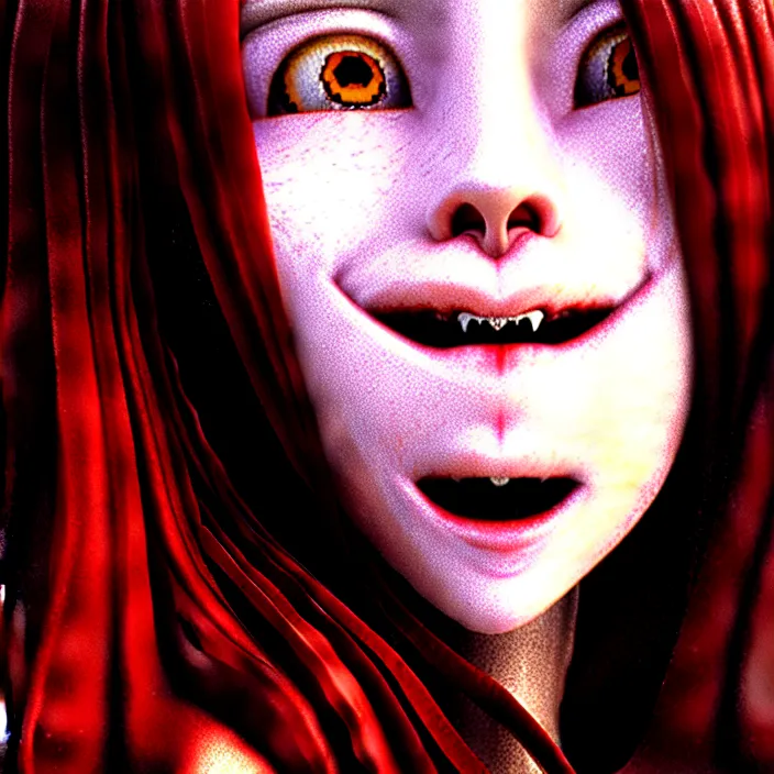 Image similar to renaissance portrait of the secretive vampire girl loner smiling at her next victim, by katsuhiro otomo, yoshitaka amano, nico tanigawa, and artgerm rendered with 3 d effect.