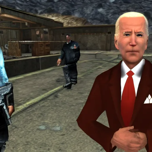 Prompt: joe biden as an npc in fallout new vegas, game screenshot, 2 0 0 8, computer game