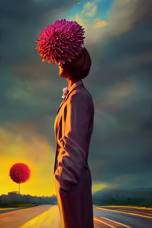 Image similar to portrait giant dahlia flower head, frontal, girl in a suit, standing in street, surreal photography, sunrise, dramatic light, impressionist painting, digital painting, artstation, simon stalenhag