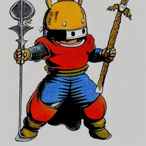 Image similar to original Akira Toriyama character design, medieval knight beaver, holding an enormous sword, sketch, Akira Toriyama style