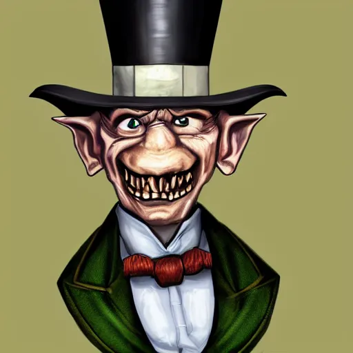 Image similar to a cartoonishly evil goblin, supervillain, top hat and luxurious moustache, green skin d & d character portrait, victorian clothing, digital art, 8 k,