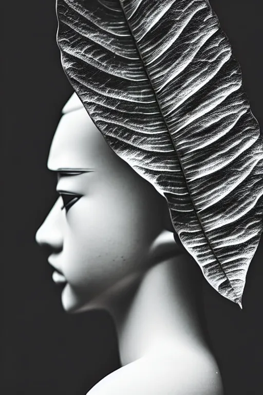 Image similar to monochrome close - up profile face black background beautiful young porcelain vegetal, dragon, cyborg, female 1 5 0 mm beautiful leaves, hyperdetailed, intricate, 8 k, low key