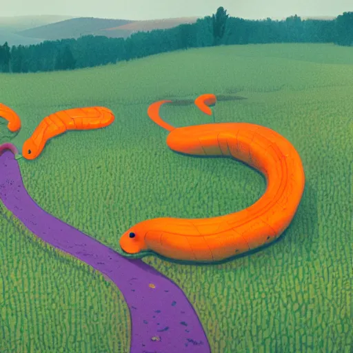 Image similar to a orange and black snake in purple field simon stalenhag high detail