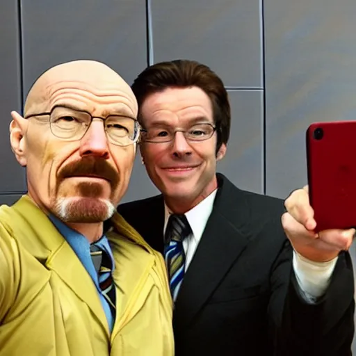 Prompt: walter white doing a selfie with phoenix wright, realistic, cool, nice, beautiful