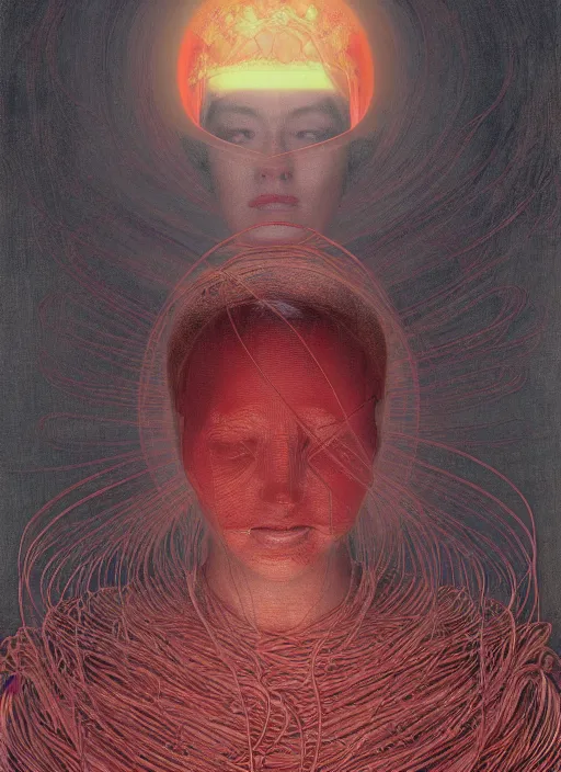 Image similar to Woman masterpiece, red, golden halo behind her head, red wires wrap around, by Edgar Maxence and Ross Tran, Zdzisław Beksiński, and Michael Whelan, distant, gustav dore, H.R. Giger, 8k, octane render