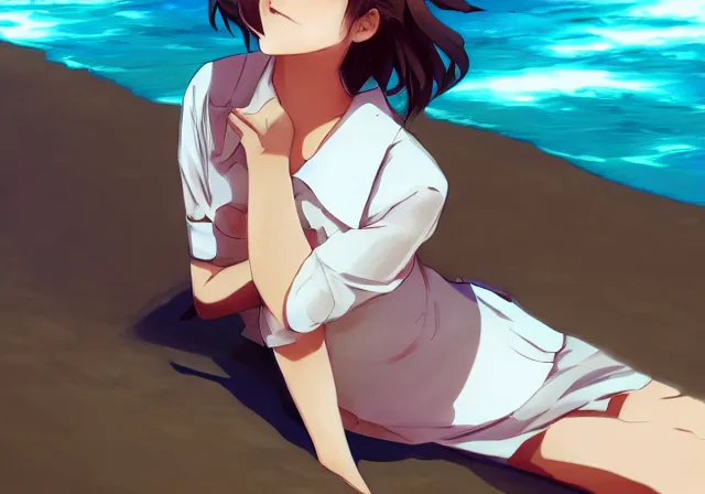 Image similar to A girl with short brown hair, wearing a white blouse, laying on a beach chair, drawn by WLOP, by Avetetsuya Studios, attractive character, colored sketch anime manga panel, trending on Artstation