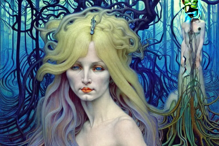 Prompt: realistic detailed portrait painting of a beautiful ghost woman with blond hair with an alien, futuristic sci-fi forest on background by Jean Delville, Amano, Yves Tanguy, Alphonse Mucha, Edward Robert Hughes, Roger Dean, rich moody colours, blue eyes