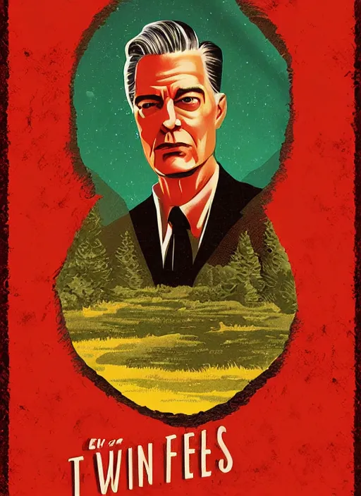 Prompt: twin peaks movie poster art by eric powell