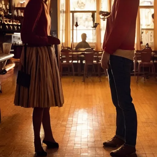 Image similar to photo of a tall guy with dark blond hair bun dating a blond girl in an old restaurant, Gilmore girls aesthetic, realistic, beautiful lighting