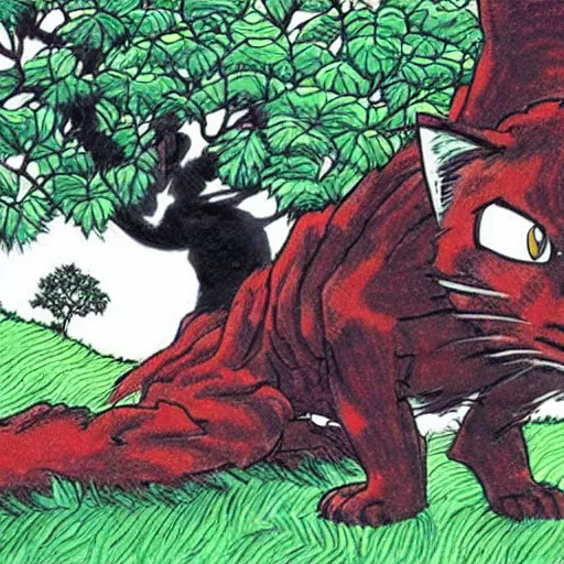 Image similar to giant kitten eating a tree art by yoshihiro togashi