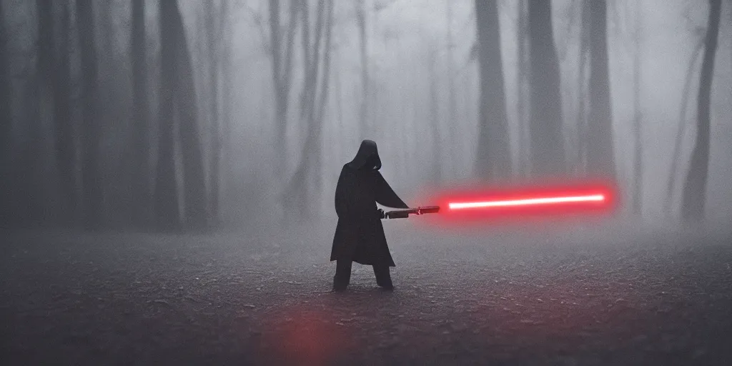 Prompt: sith lord with lightsaber, fog on the ground, heavy rain, lightning, moody lighting, shallow depth of field,