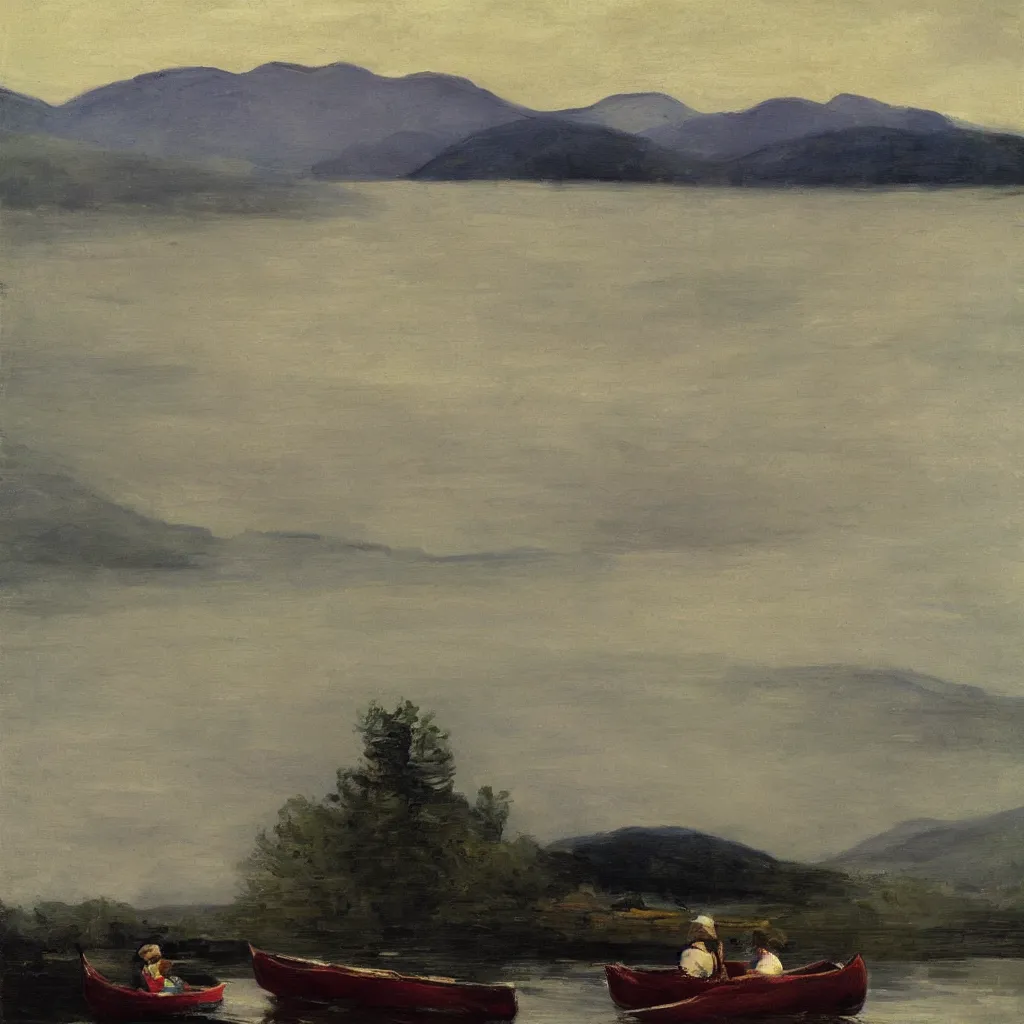 Image similar to one beautiful woman sitting in canoe on the hudson river, mountains in mist in the background, oil painting, style of george bellows