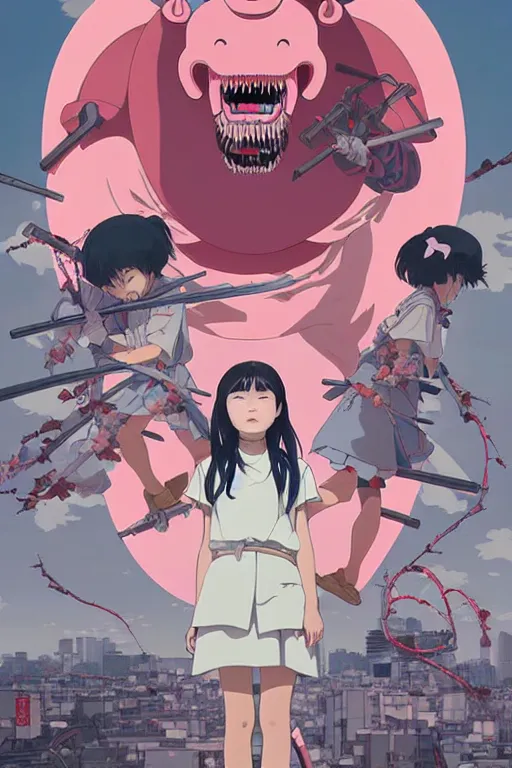 Image similar to Artwork by James Jean, Phil noto and hiyao Miyazaki; a young Japanese future samurai police girl named Yoshimi battles an enormous looming evil natured carnivorous pink robot on the streets of Tokyo; Japanese shops and neon signage; crowds of people running; Art work by studio ghibli, Phil noto and James Jean