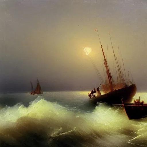 Image similar to a painting of a two large modern boats catching fish, a detailed painting by ivan aivazovsky, pixabay contest winner, hudson river school, dutch golden age, detailed painting, matte painting