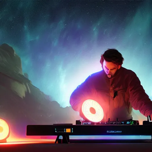 Prompt: Man djing under the stars, digital art, artstation, ultra realistic, volumetric lighting, 4k, unreal engine, octane render, art by Artgerm and Greg Rutkowski and Alphonse Mucha