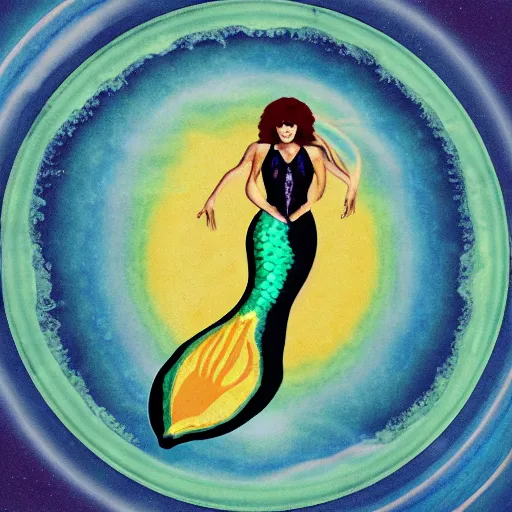 Image similar to a mermaid in the style of an Earth, Wind, and Fire album cover