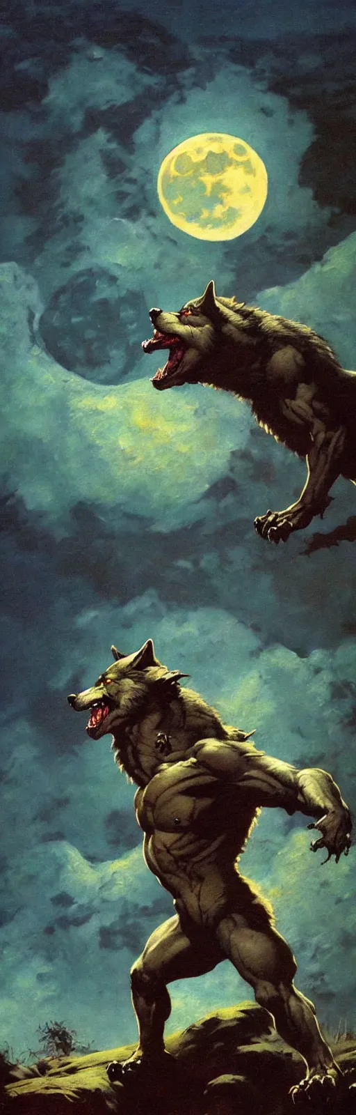 Prompt: by frazetta ,close up of howling werewolf realistic , action pose , in front of the moon , full body backlight ,top light ,full body portrait ,highly textured oil painting ,jungle ,cyan graveyard ,foggy background ,with dramatic sky ,clouds and giant oversized moon and storm