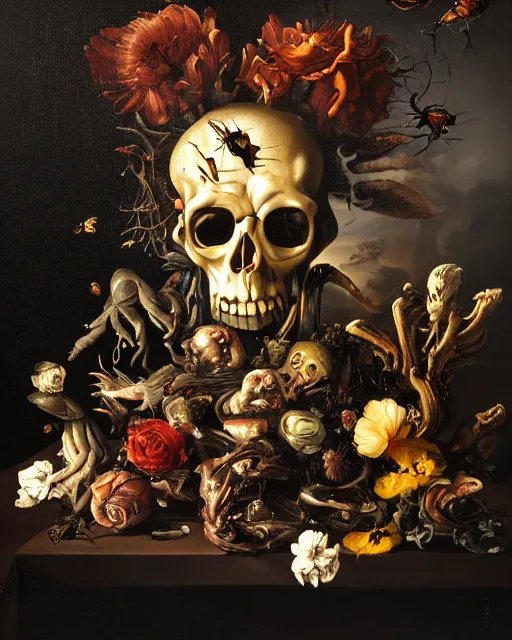 Image similar to refined gorgeous blended oil painting with black background by christian rex van minnen rachel ruysch dali todd schorr of a chiaroscuro portrait of an extremely bizarre disturbing mutated man made of still life flowers and rubber insects with shiny skin acne dutch golden age vanitas intense chiaroscuro cast shadows obscuring features dramatic lighting perfect symmetry perfect composition masterpiece