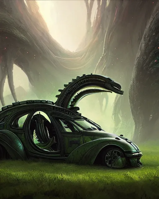 Image similar to xenomorph taxi car in a fantasy village, calming, uplifting mood, ultra realistic, farm, small buildings, alien car, highly detailed, atmosphere, masterpiece, epic lighting, elves, green plants, magic, illuminated, 4 k, cinematic, morning sun, art by eddie mendoza, sylvain sarrailh