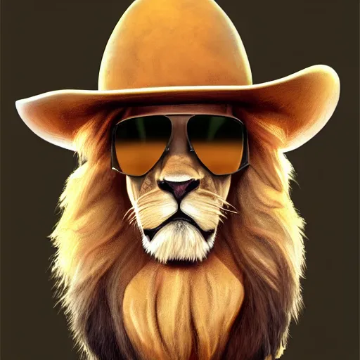 Prompt: Lion dressed as a Cowboy wearing sunglasses, highly detailed, digital painting, artstation, concept art, smooth, sharp focus, illustration