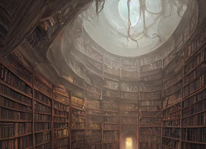 Prompt: An abandoned ancient library full of mystical tomes, digital painting, artstation, concept art, dramatic, illustration, rich cinematic atmosphere, art by artgerm and greg rutkowski