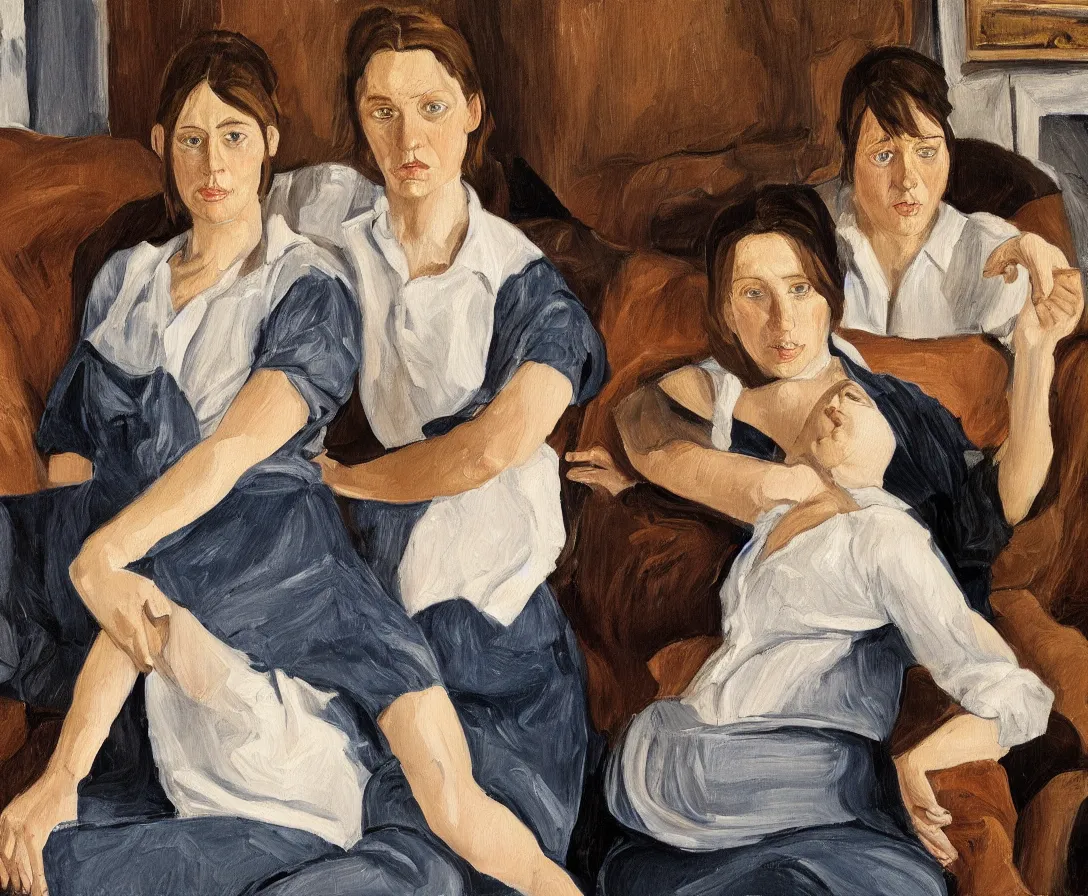 Image similar to two women, in an old english apartment on a brown leather sofa. one is wearing a dark blue sweather, the other a white shirt. brown hair, they are looking into the camera. wide shot. in the style of lucien freud. oil painting.