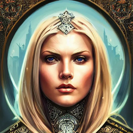 Prompt: head-on symmetrical centered painted portrait, Mais Hamdan and Elisha Cuthbert as a paladin, blonde hair, ornate iron armour, art nouveau, tarot card style, fantasy, intricate, elegant, highly detailed, smooth, sharp focus, illustration, artstation, in the style of Artgerm and Anna Podedworna and Alex Ross and Mucha