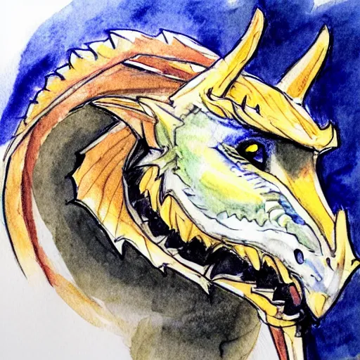 Prompt: dragon portrait sketch and watercolour