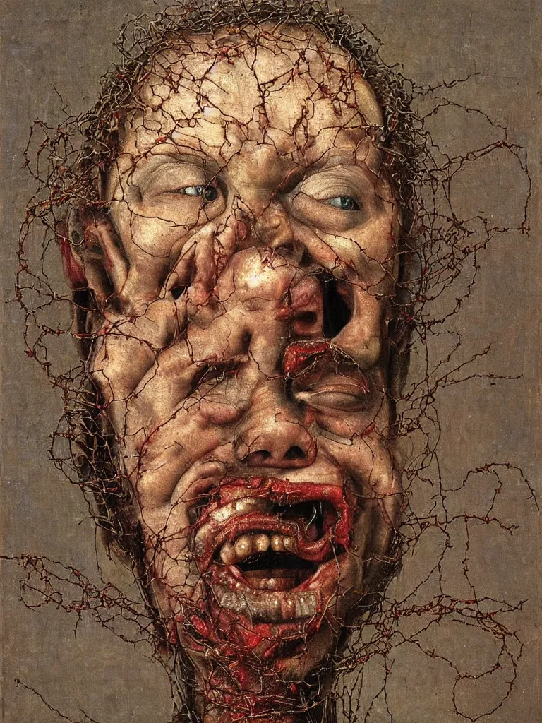 Image similar to a boy made of barbed wire looking into camera, screaming in pain, by giuseppe arcimboldo and ambrosius benson, renaissance, intricate and intense oil paint, a touch of beksinski and hr giger and edward munch, realistic