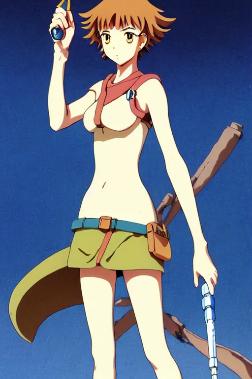 Image similar to anime art full body portrait character nausicaa by hayao miyazaki concept art, anime key visual of elegant young female, short brown hair and large eyes, finely detailed perfect face delicate features directed gaze, valley of the wind and mountains background, trending on pixiv fanbox, studio ghibli, extremely high quality artwork by kushart krenz cute sparkling eyes