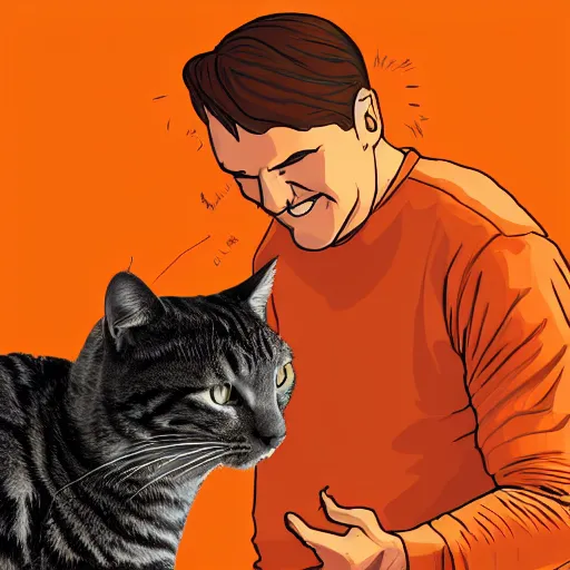 Prompt: a picture of an orange man petting a cat, digital art, 8 k.