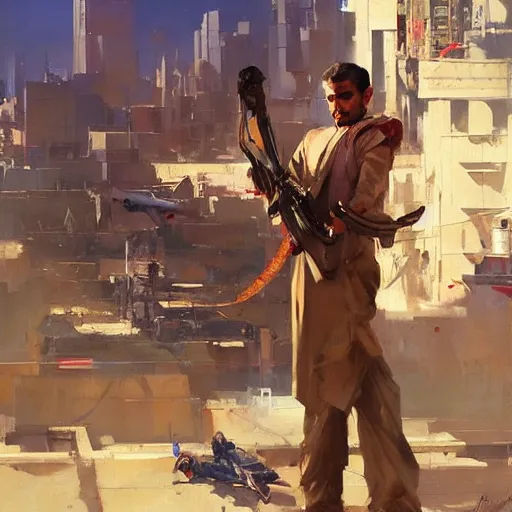 Image similar to greg manchess painting of baghdad in the year 2 0 7 7, painting, cyberpunk style, trending on artstation, by huang guangjian and gil elvgren and sachin teng