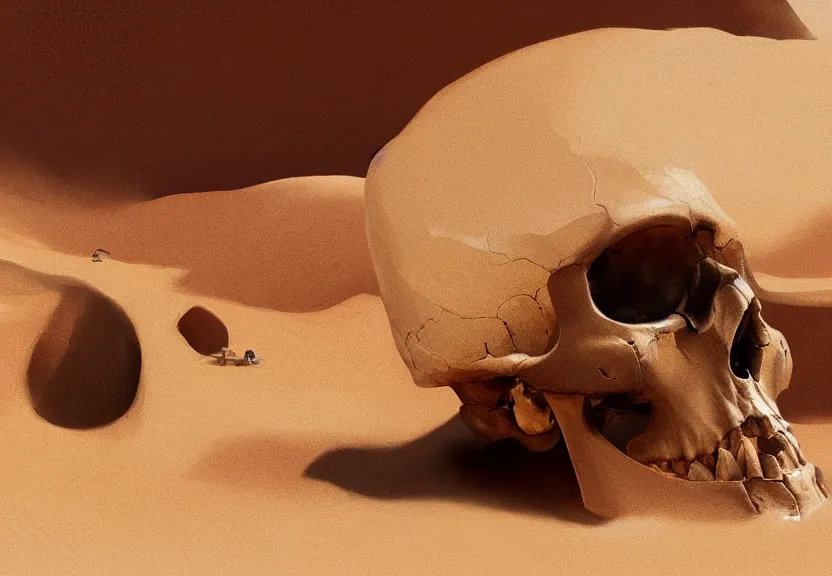 Image similar to close shot of a human skull buried in the sahara desert sand, a realistic digital painting by greg rutkowski and james gurney, trending on artstation, highly detailed