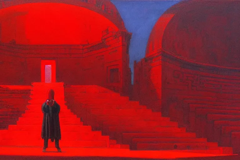 Image similar to only with red, a red melted emperor, taormina amphitheatre, crowd hails him, in the style of beksinski, parts by edward hopper, parts by rodcenko, parts by yue minjun, intricate and epic composition, red by caravaggio, insanely quality, highly detailed, masterpiece, red light, artstation, 4 k