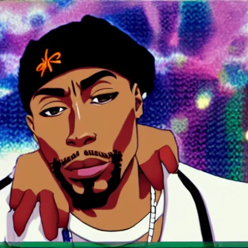 Image similar to Tupac Shakur, screenshot from a 2012s anime