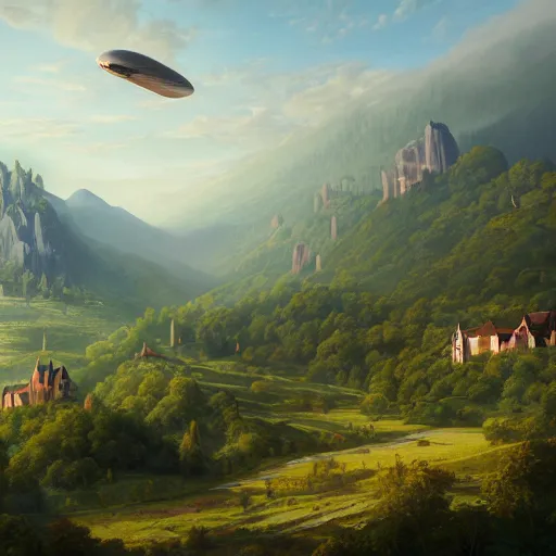 Image similar to Vast verdant valley surrounded by Transylvanian mountains, with a large zeppelin hovering in the foreground, and a ruined medieval castle on the hillside in the background. No villages. Late evening light in the summer, gloomy weather. Hyperrealistic, high quality, sharp, highly detailed, peter mohrbacher,.