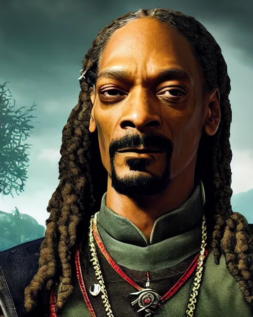 Image similar to Snoop Dogg in the role of Witcher III Gerald of Rivia, film still, amazing short, 8K, IMAX, ultra detailed