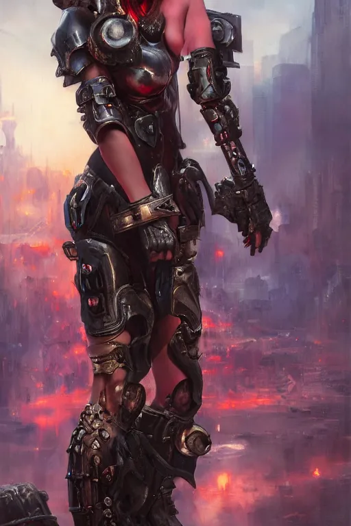 Prompt: portrait of a female demon in cyberpunk armor in the middle of a battlefield. by Daniel F. Gerhartz, hyperrealistic oil painting, 4k, studio lightning