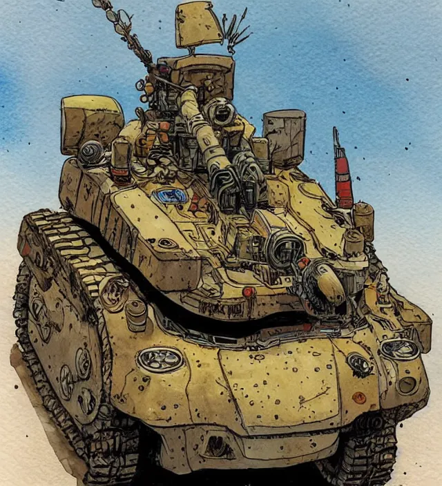 Image similar to a 3 / 4 view watercolor ink painting of a post - apocalyptic mad max / fallout style tank in the style of jean giraud in the style of moebius trending on artstation deviantart pinterest detailed realistic hd 8 k high resolution