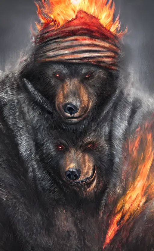 Image similar to portrait of a bear beast - man wearing a turban, with fire in his eyes, wear bloodborne, concept art trending on artstation photorealistic image 8 k