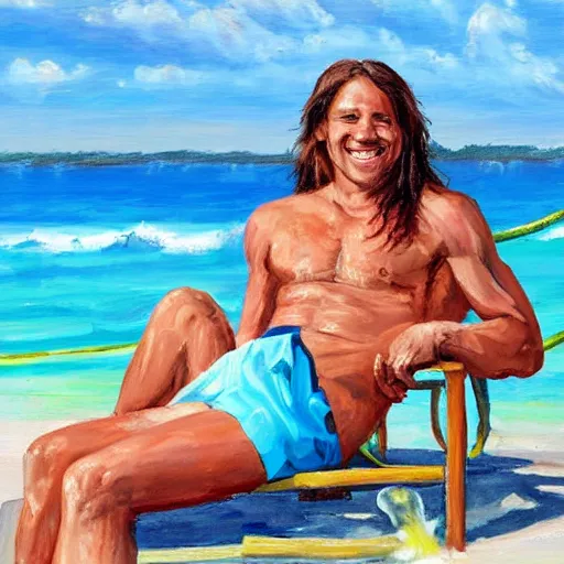 Prompt: a painting of a smiling shirtless man with long hair sitting in lawn chair, holding a water hose and spraying water on a woman at the beach high details